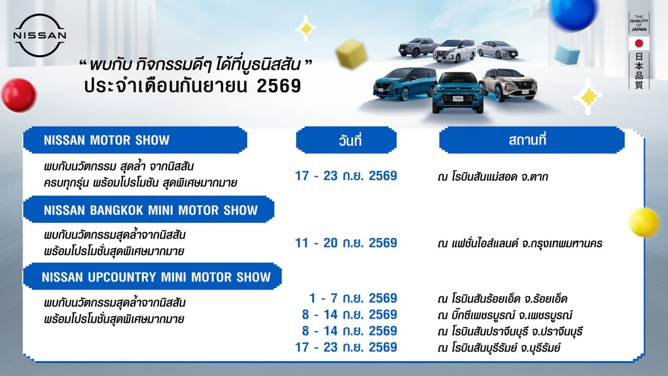 กิจกรรมนิสสันโรดโชว์ทั่วประเทศประจำเดือนกันยายน 2569
